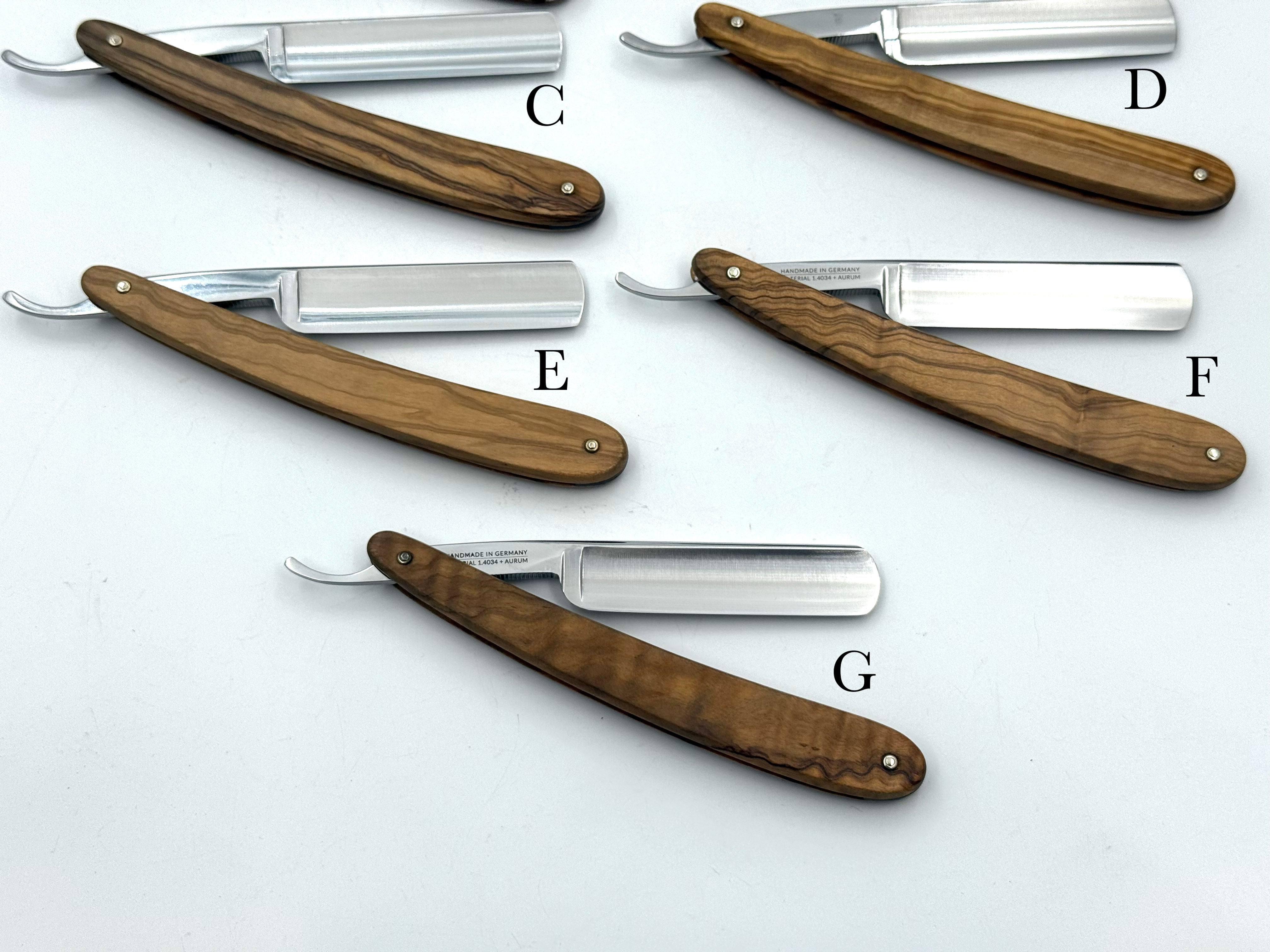 GSG Renewed "Dovo Inox" Olive Wood Handle 5/8 Etched Full Hollow Solingen Stainless Straight Razors (CHOOSE YOUR RAZOR)