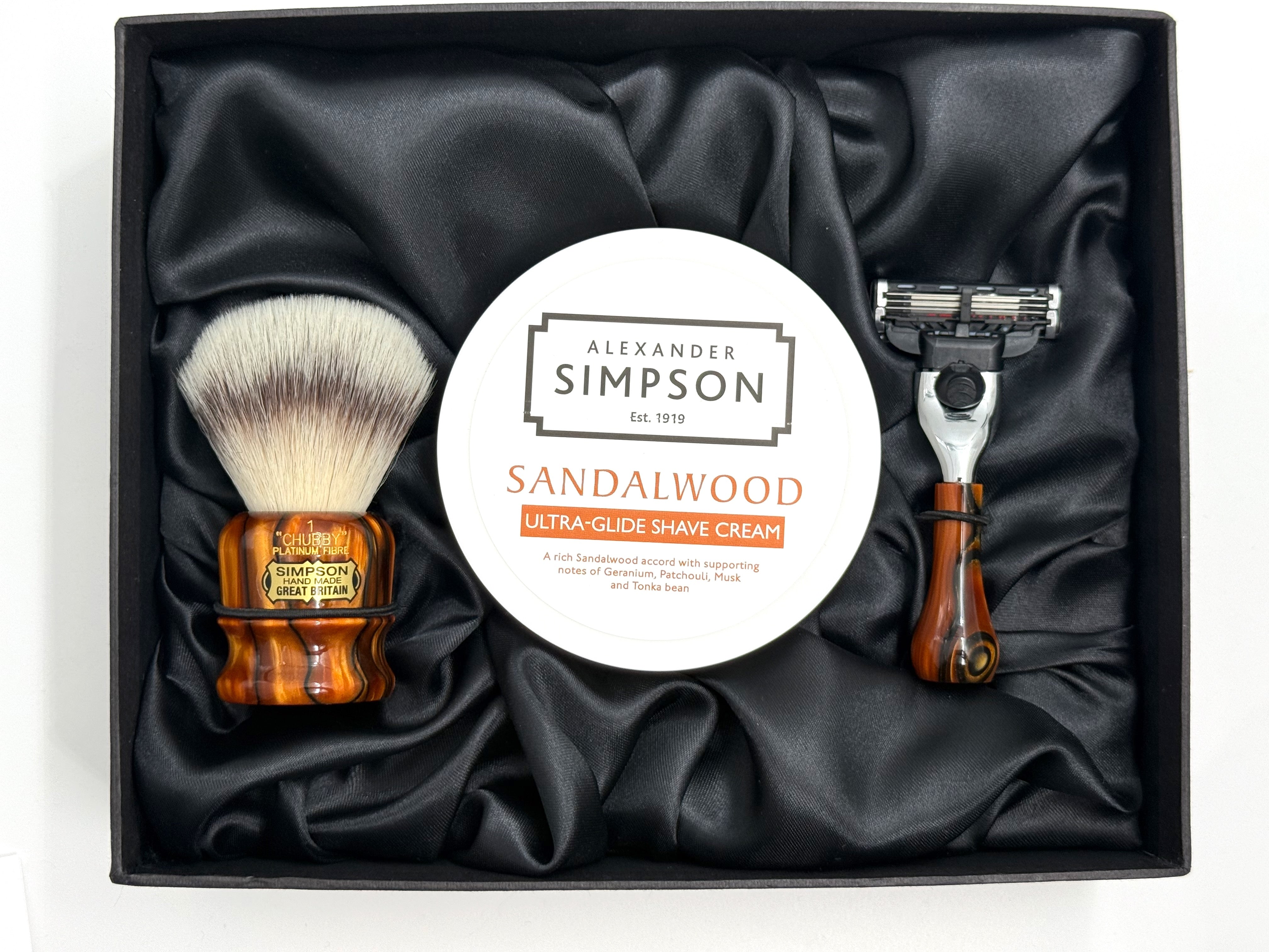 Limited Edition Simpson Shaving Set - Chubby CH1 Platinum Brush, Sandalwood Cream & Razor - Rusty Joe