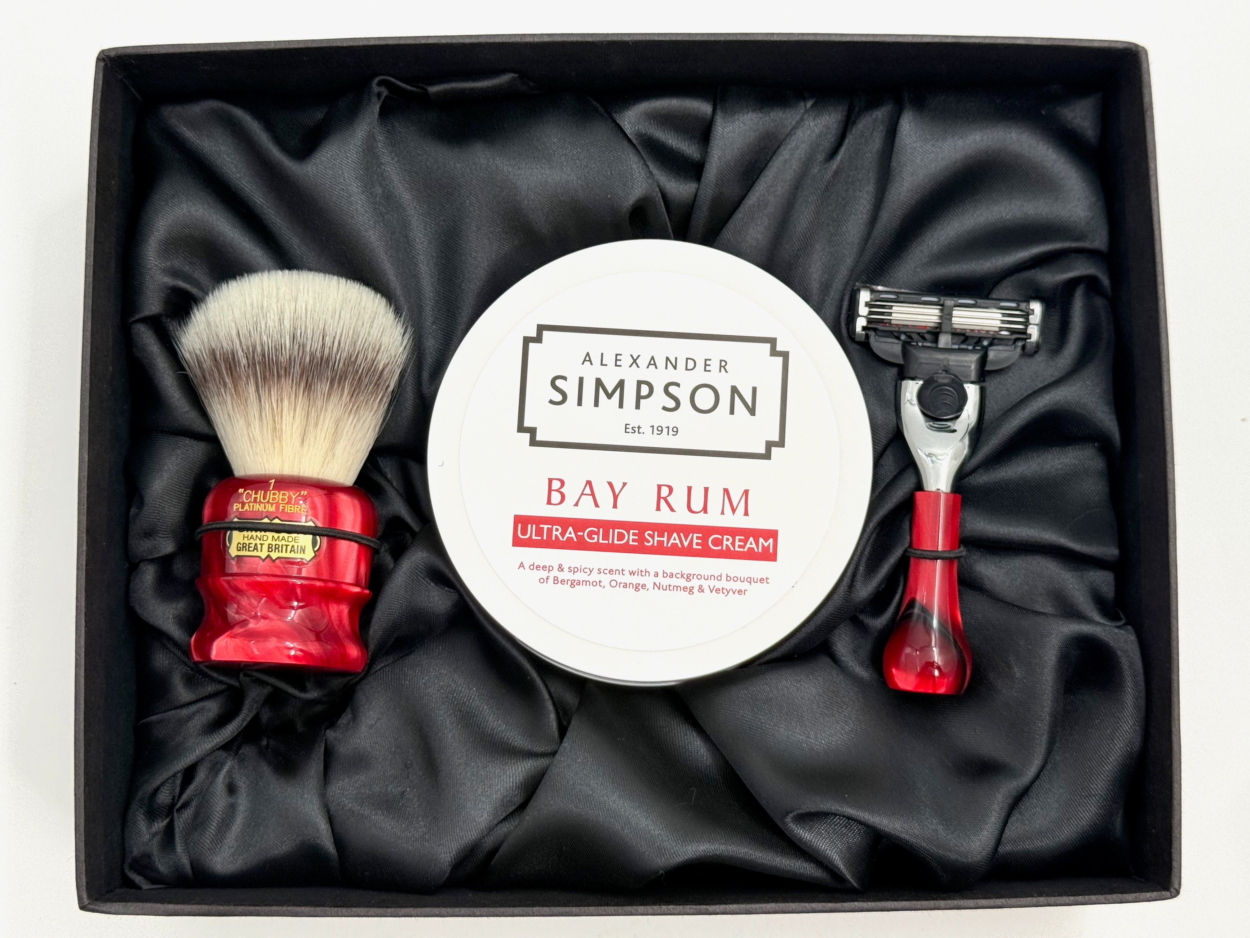 Limited Edition Simpson Shaving Set - Chubby CH1 Platinum Brush, Bay Rum Cream & Razor - Ruby