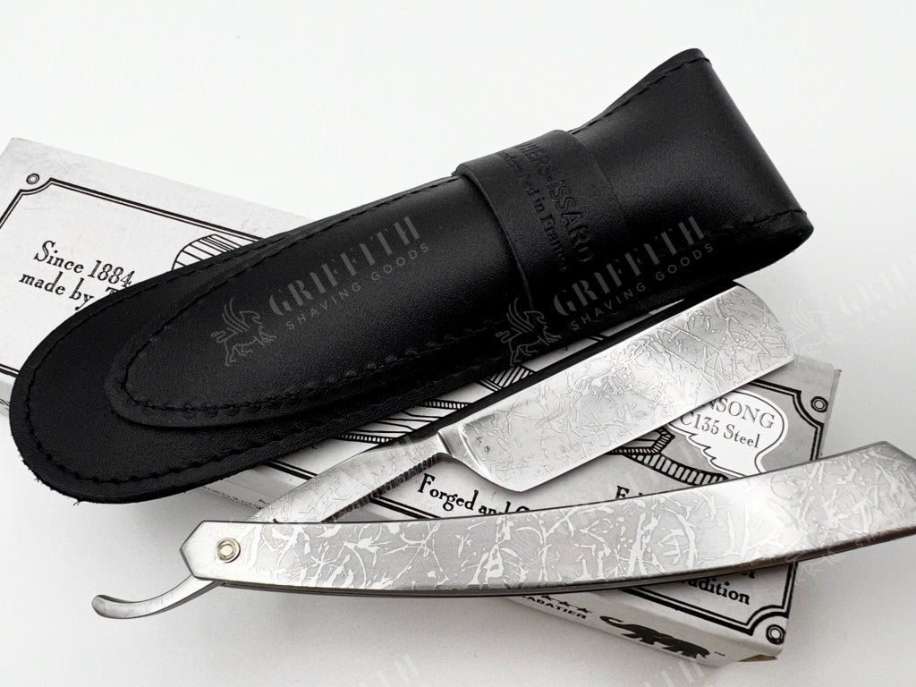 Thiers Issard 6/8 All-Over Etched Cloud Design - Half Hollow Ground Straight Razor with Stainless Steel Scales
