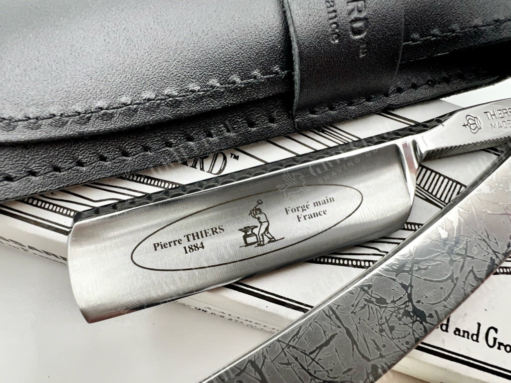 Thiers Issard 6/8 Engraved Spine with Etched Stainless Steel Scales - Cloud Design - Half Hollow Ground Straight Razor