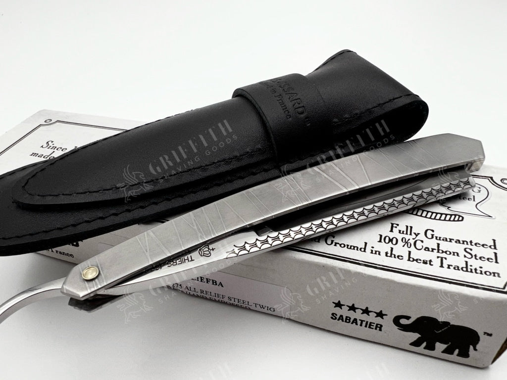 Thiers Issard 6/8 Engraved Spine with Etched Stainless Steel Scales - Twig Design - Half Hollow Ground Straight Razor