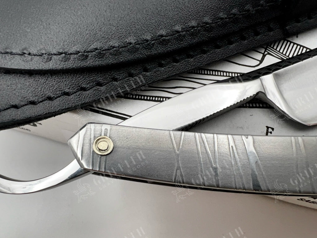 Thiers Issard 6/8 Engraved Spine with Etched Stainless Steel Scales - Twig Design - Half Hollow Ground Straight Razor