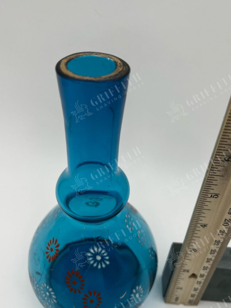 Antique Hand Painted Blue Blown Glass Barber Bottle- Lovely And Excellent Condition