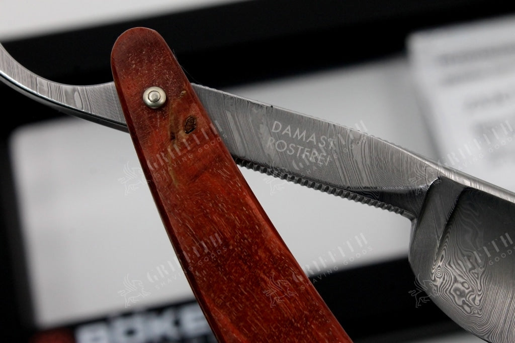 Boker Damascus Birch 6/8 Blade with Curly Birch Scales - Full Hollow Solingen Straight Razor