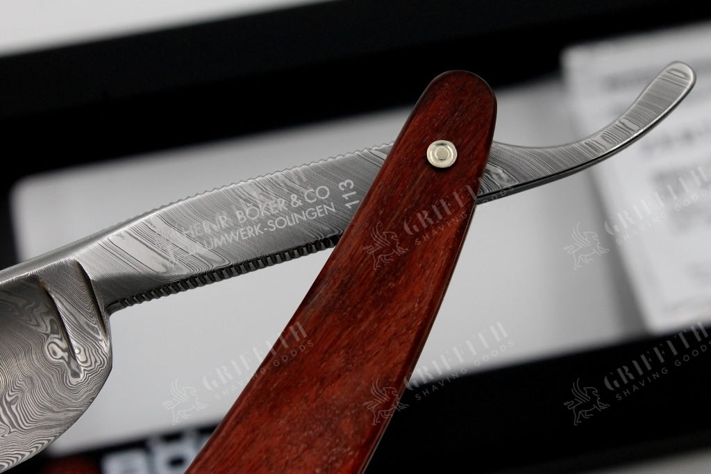 Boker Damascus Birch 6/8 Blade with Curly Birch Scales - Full Hollow Solingen Straight Razor