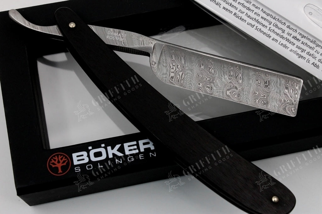 Boker Damascus Ebony 6/8 Blade with Ebony Wood Scales Full Hollow Solingen Straight Razor