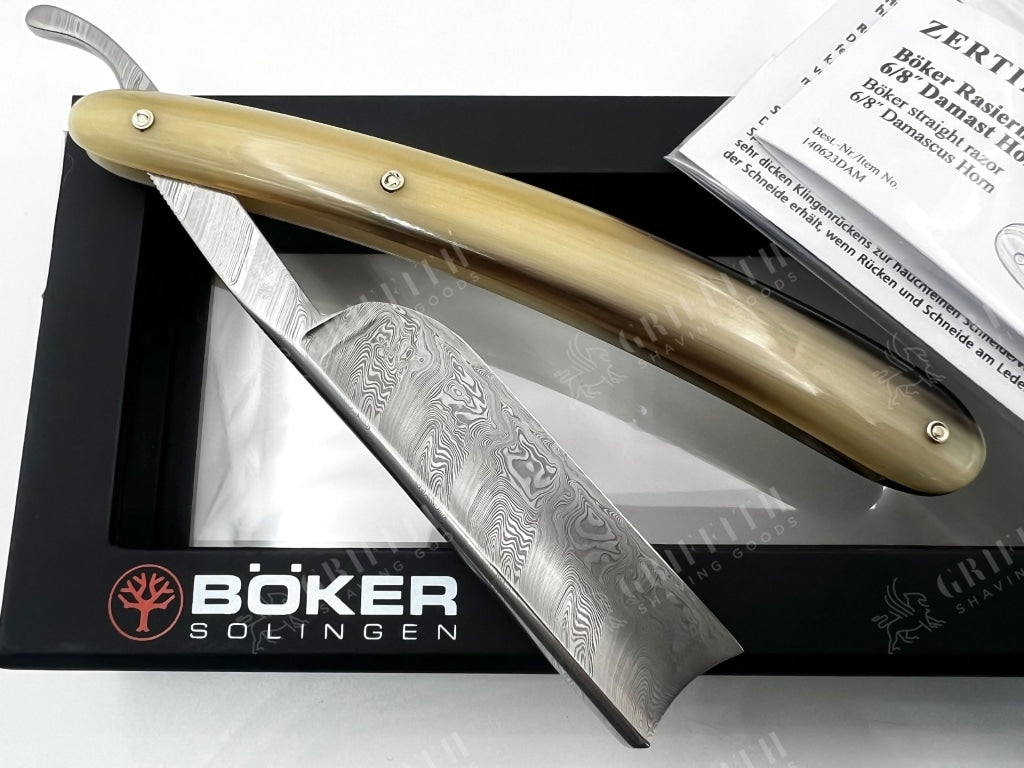 Boker Damascus Horn 6/8 Blade with Streaked Horn Scales Full Hollow Solingen Straight Razor
