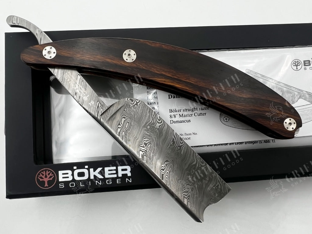 Boker Damascus Master Cutter 8/8 Blade with Desert Ironwood Scales Full Hollow Solingen Straight Razor