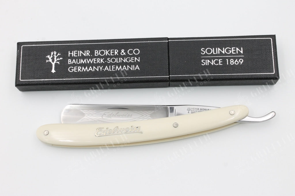 Boker Edelweiss 5/8 Full Hollow Blade with White Scales Solingen Straight Razor