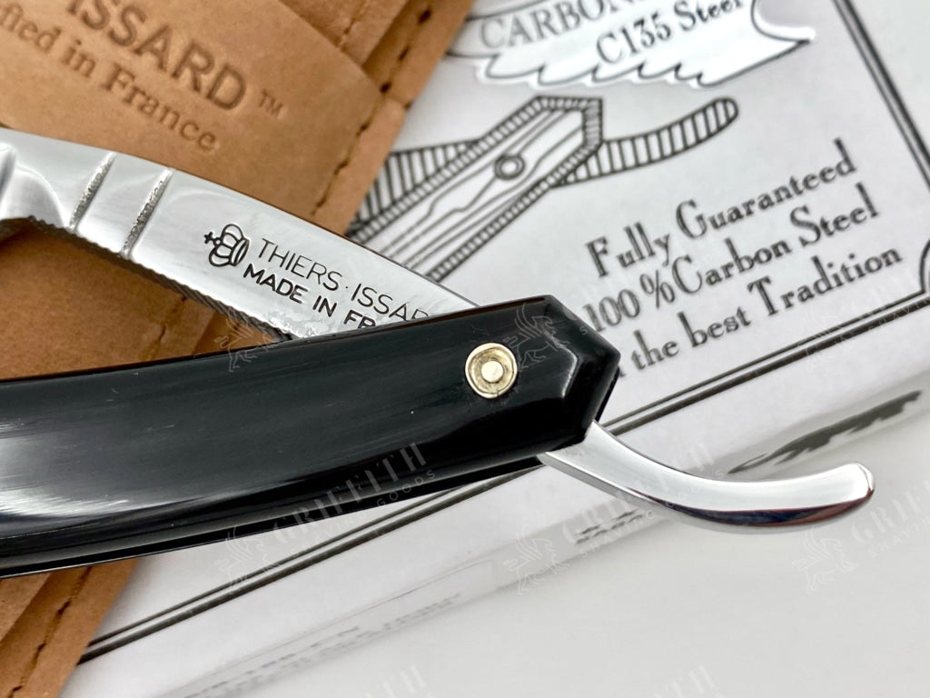 Thiers Issard 6/8 "Medaille d'or Alger" Etch & "Chevron" Filed Spine - Black Horn Scales - Singing Straight Razor