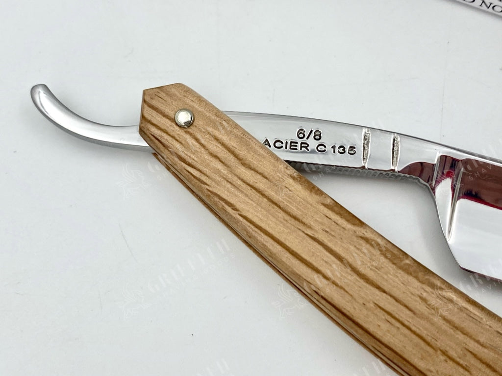 Thiers Issard 6/8 Zebra Etch With Spotted Oak Scales -Round Tip Singing Straight Razor